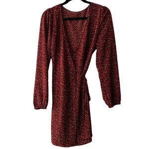 SHEIN Leopard Wrap Dress Red Long Sleeve Elastic Cuff Knee Length Womens Small‎